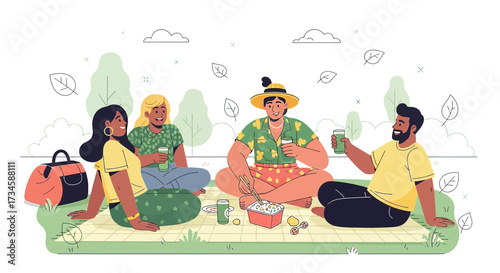 Cheerful friends enjoying a delightful picnic in the park on a sunny day with refreshing drinks