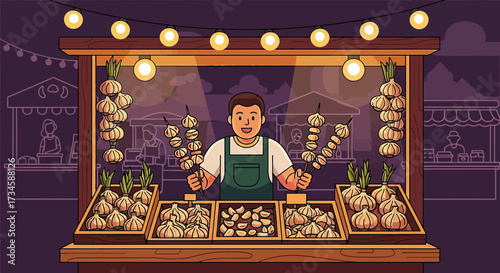 Cheerful garlic vendor at a bustling farmers market illustration with warm lighting and