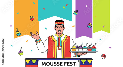 Cheerful Mousse Fest Host Juggling Cupcakes with Colorful Banners in the Background festive