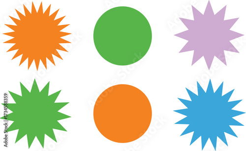 Six Colorful Starburst and Circle Shapes on White Background Keywords: starburst, star, circle, round