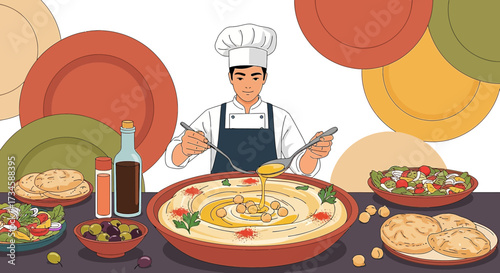 Chef preparing traditional Middle Eastern mezze dishes with colorful flat lay arrangement