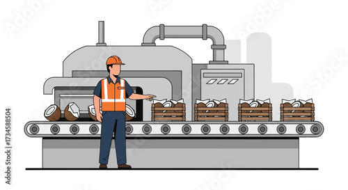 Coconut processing factory with worker monitoring production line operation efficiently and