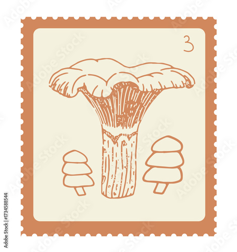 Hand-drawn mushroom postage stamp illustration with Chanterelle mushrooms. Perfect for packaging, kitchen decor, branding, labels, posters, and botanical projects.