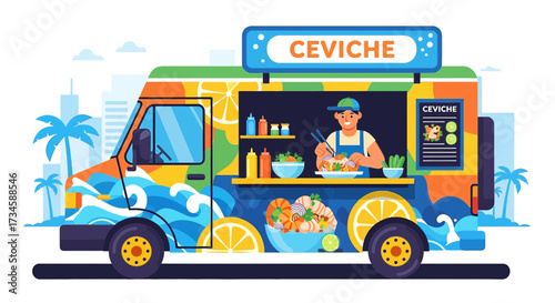 Colorful Ceviche Food Truck Vector Illustration with Palm Trees and Cityscape