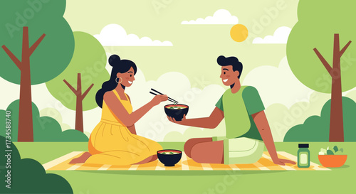Couple enjoying a picnic with healthy food in nature in a flat vector illustration style with a