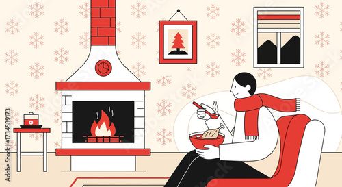Cozy winter illustration of a man eating soup by the fireplace in a festive setting