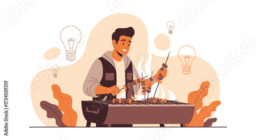 Creative barbecue ideas: A man cooking skewers on a grill with light bulb icons concept