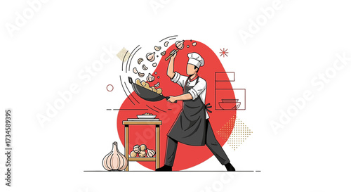 Culinary artist in motion, skillfully tossing garlic in a wok with stylized design elements
