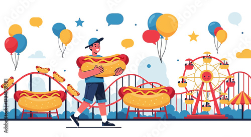 Delightful Amusement Park Scene Featuring a Man Carrying an Oversized Hot Dog  Ambiance