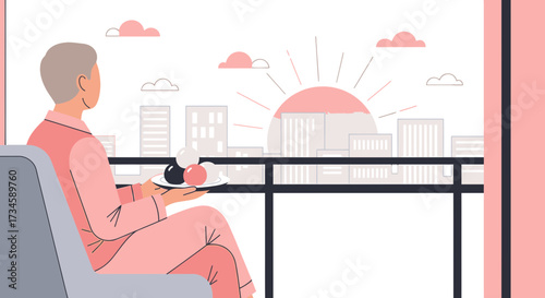 Elderly man enjoying sunrise view from balcony while holding dessert in a minimalist style