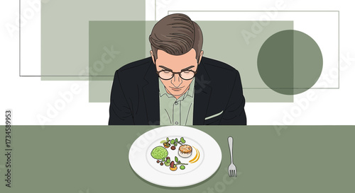 Elegant gourmet dining experience featuring a man in a suit and meticulously plated dish