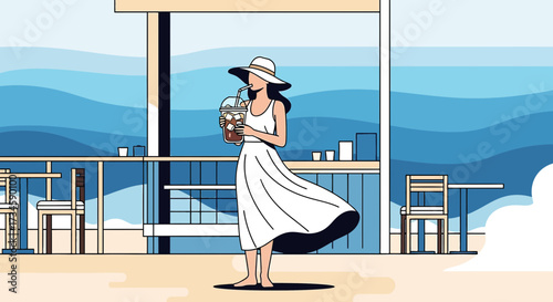 Elegant woman enjoying a refreshing iced coffee by the sea in minimalist illustration style