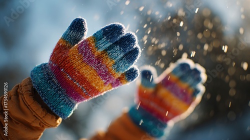 Colorful winter gloves snow
