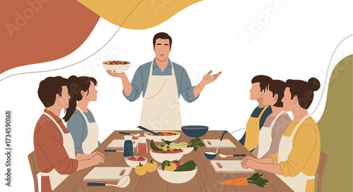 Engaging culinary workshop illustration showcasing a cooking demonstration for a group learning