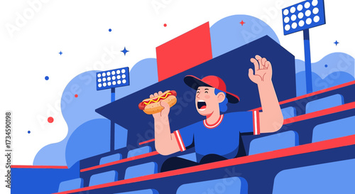 Enthusiastic baseball fan cheering while enjoying a hot dog at the stadium game with vibrant