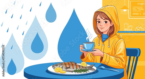 Enjoying Coffee and Grilled Fish on a Rainy Day Cartoon Illustration Comfort Food Delight