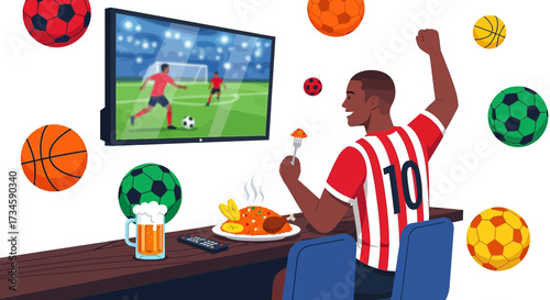 Enthusiastic soccer fan enjoying game on television with food and drinks at home