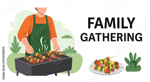 Family gathering with barbecue grilling and kebab skewers cooking on an open grill outdoors