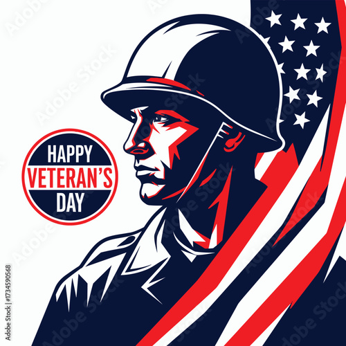 Veteran's day soldier with american flag portrait vector