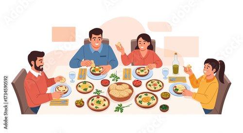 Family gathering enjoying a meal of hummus and pita bread at the dinner table setting