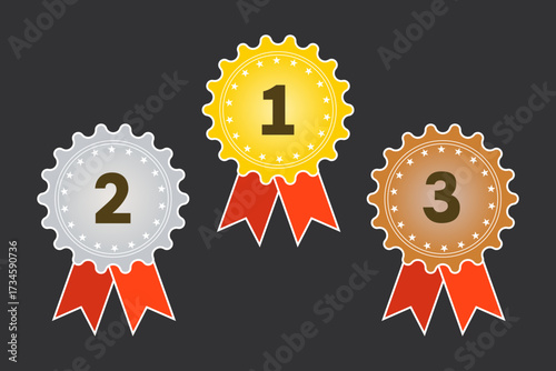 Award medal badges with 1, 2, and 3 digits. Gold, silver, and bronze stickers for first, second, and third place. Minimalistic flat style, vector illustration, isolated.