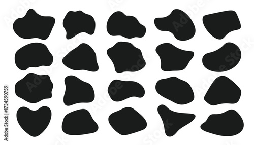 Set of irregular geometric shapes, including amoeba, bubble, and cow spot. Vector illustrations isolated on white