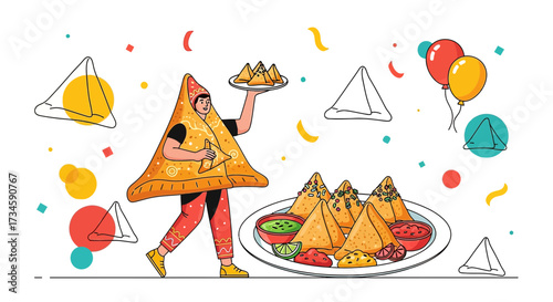 Festive illustration featuring a samosa costume party with traditional indian snacks