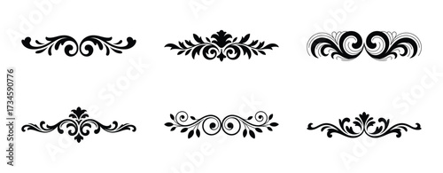 Collection of six ornate black decorative floral elements isolated on white background
