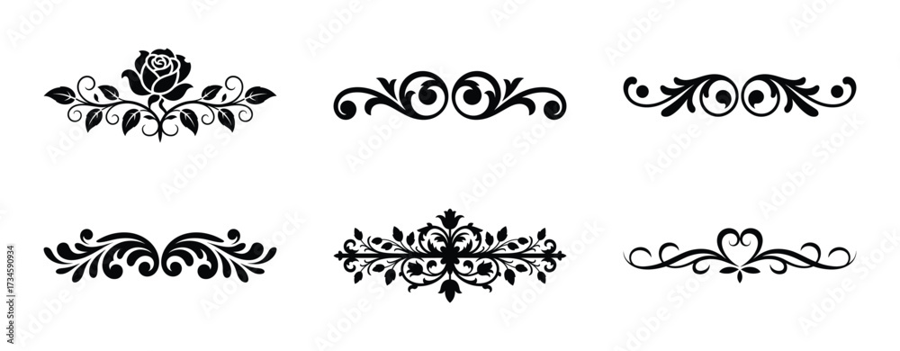 Obraz premium Collection of six ornate black floral decorative elements isolated on white background