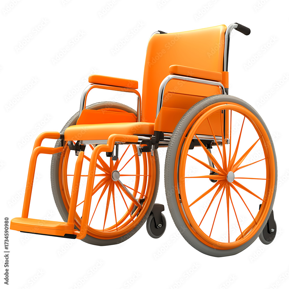 Fototapeta premium Vibrant Orange Manual Wheelchair With Polished Chrome Frame Details And Grey Tires Isolated On A Solid Transparent Background