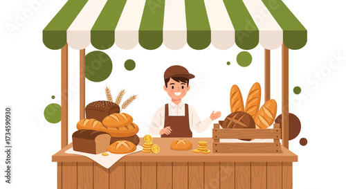 Friendly baker at the market stall offering freshly baked bread and pastries at a farmer's market