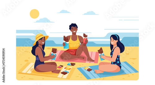 Friends enjoy chocolate together on a bright day at the beach by the ocean seaside