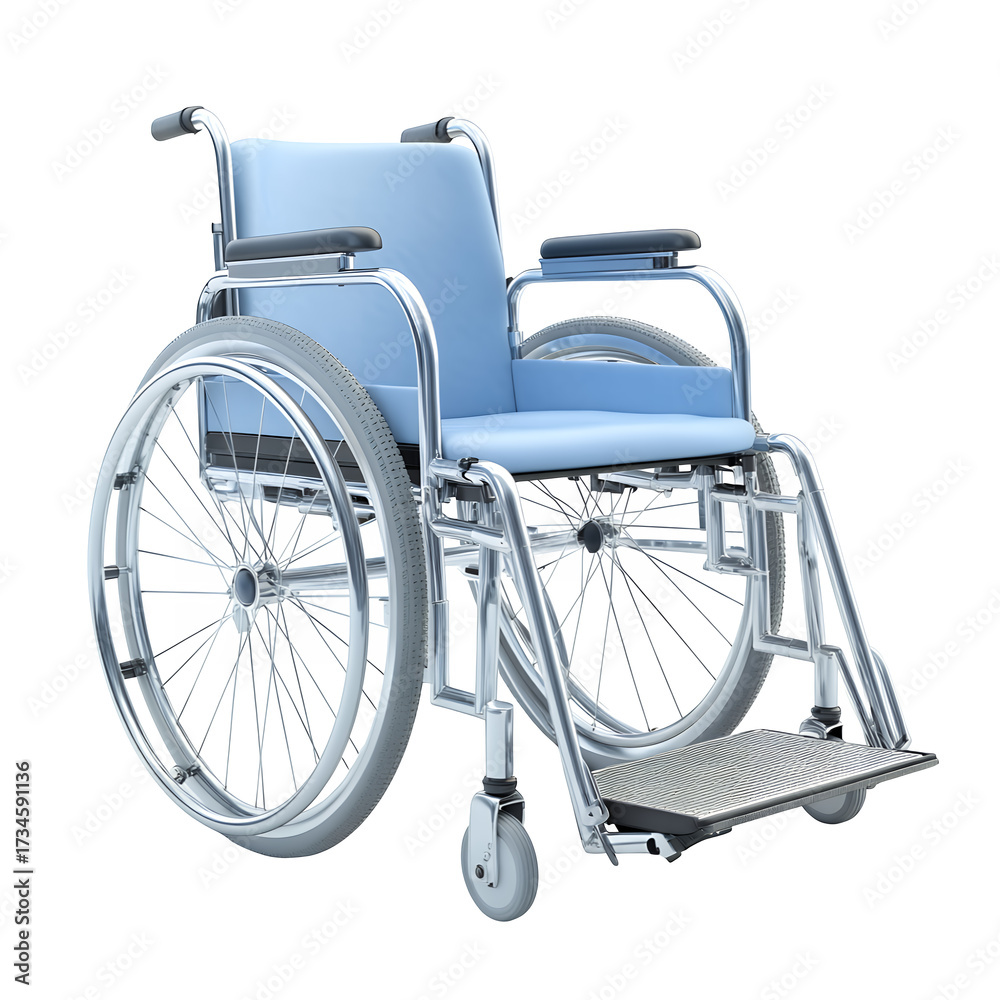 Fototapeta premium Modern manual wheelchair with a shiny chrome frame and light blue upholstered seat isolated on black