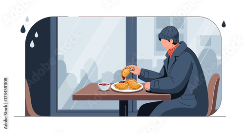 Gloomy day dining: A man enjoys empanadas at a table indoors during rainy weather depicted in cozy