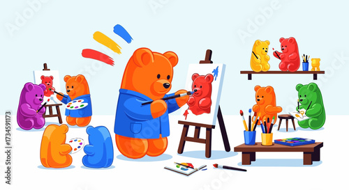 Gummy bear artists creating artwork in colorful studio setting with various artistic tools