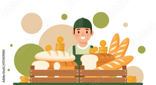 Happy baker with bread vector illustration, showcasing fresh baked goods and successful bakery