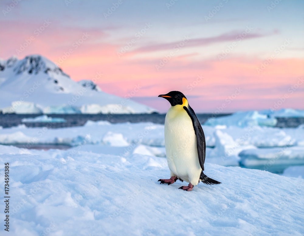 Obraz premium A majestic emperor penguin stands proudly on an iceberg at sunset in Antarctica, with icy mountains in the background