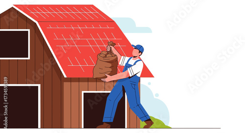 Harvesting and storage of farm produce depicted with a farmer and farm building in autumn mood