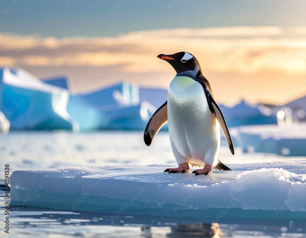 Fototapeta premium Majestic Gentoo penguin standing on a floating iceberg in the pristine Antarctic wilderness during a golden sunset