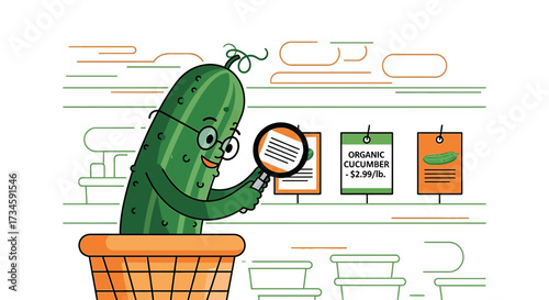 Illustrated cucumber character examining price tags in a grocery store aisle cartoon illustration