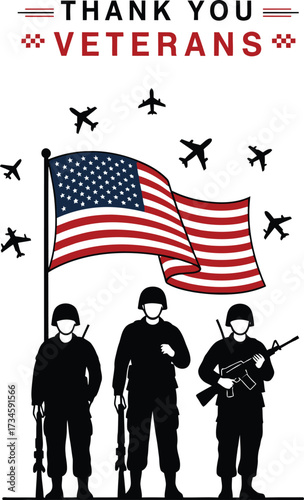 American flag saluting three soldiers thank you veterans message vector