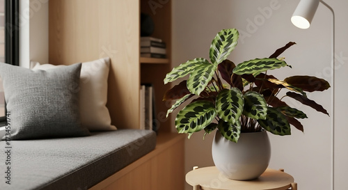 Vibrant Calathea Makoyana, an Air-Purifying Indoor Plant, enhances a modern minimalist home interior with natural elegance