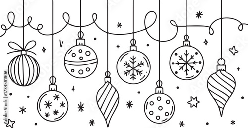 Vector art of handdrawn christmas ornaments hanging on a string