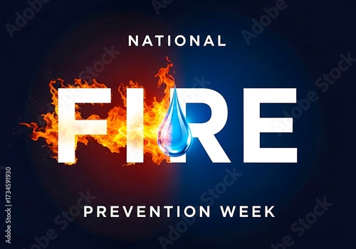 National fire prevention week with fire and water drop graphic