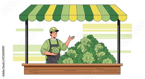 Illustration of a Farmer Selling Fresh Cabbage at a Farmers Market Booth Vibrant Scene