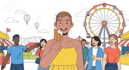 Illustration of a happy woman enjoying a waffle at a vibrant amusement park fair event atmosphere