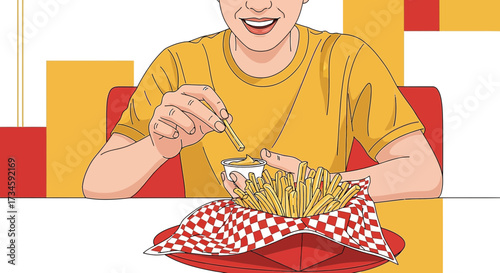 Illustration of a happy young person enjoying a basket of crispy french fries with sauce