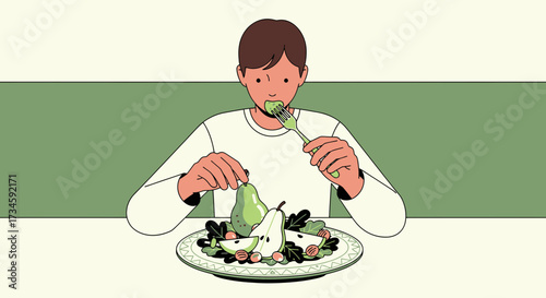 Illustration of a healthy young man enjoying a pear salad with nuts for lunch to stay healthy
