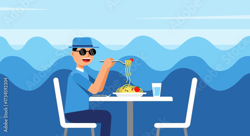 Illustration of a man enjoying a seaside meal with spaghetti and a refreshing drink while