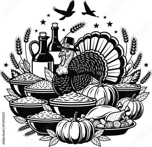 Abundant thanksgiving feast with turkey pumpkins grains and wine vector